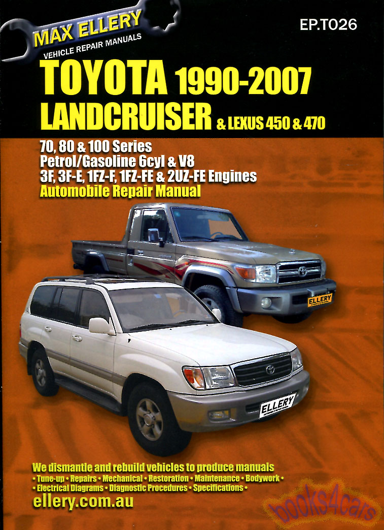 90-07 Toyota Landcruiser 70 80 100 series Lexus LX450 LX470 Shop Service Repair Manual 4x4 544 pages Gas Petrol 6 & V8 engines by Ellery Land Cruiser