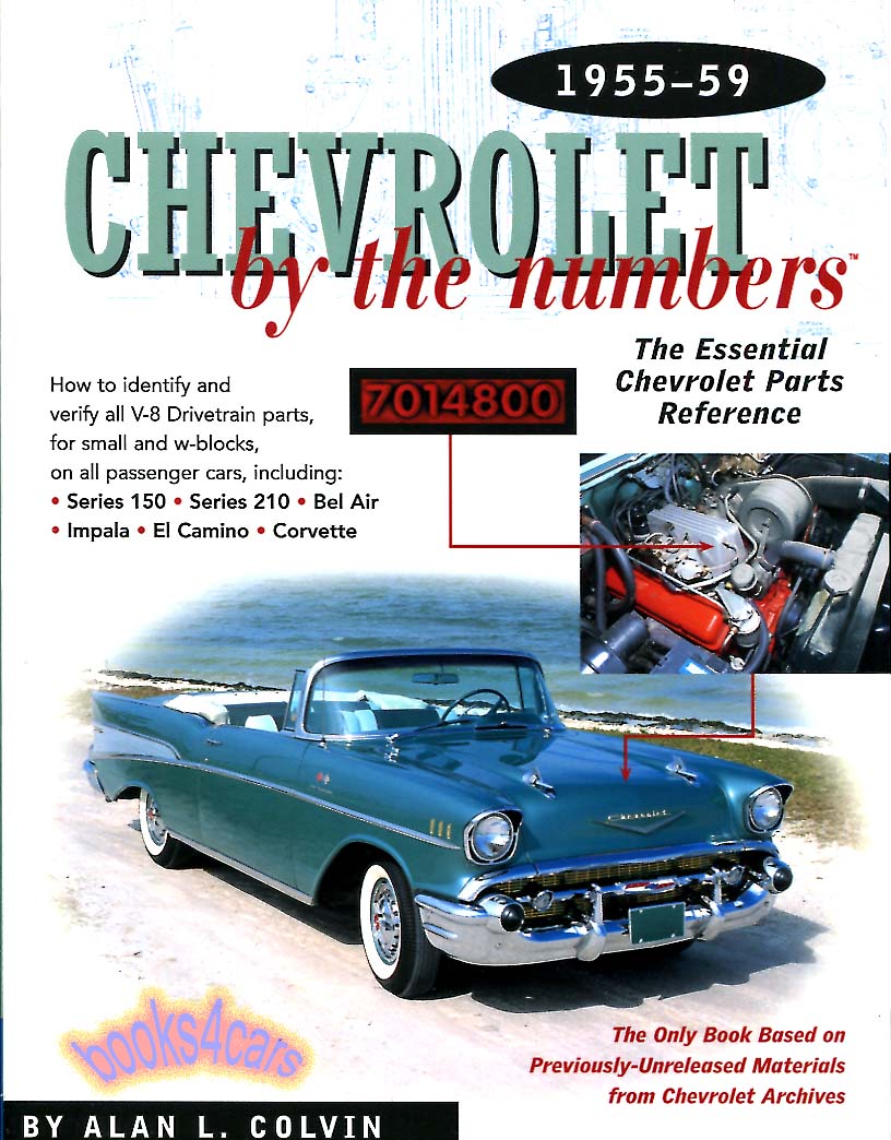 55-59 Chevrolet by the numbers How to identify and verify all V-8 drivetrain parts for small and W-blocks on all passenger cars, including: Series 150 210 Bel Air Impala El Camino Corvette 240 pages by A. Colvin