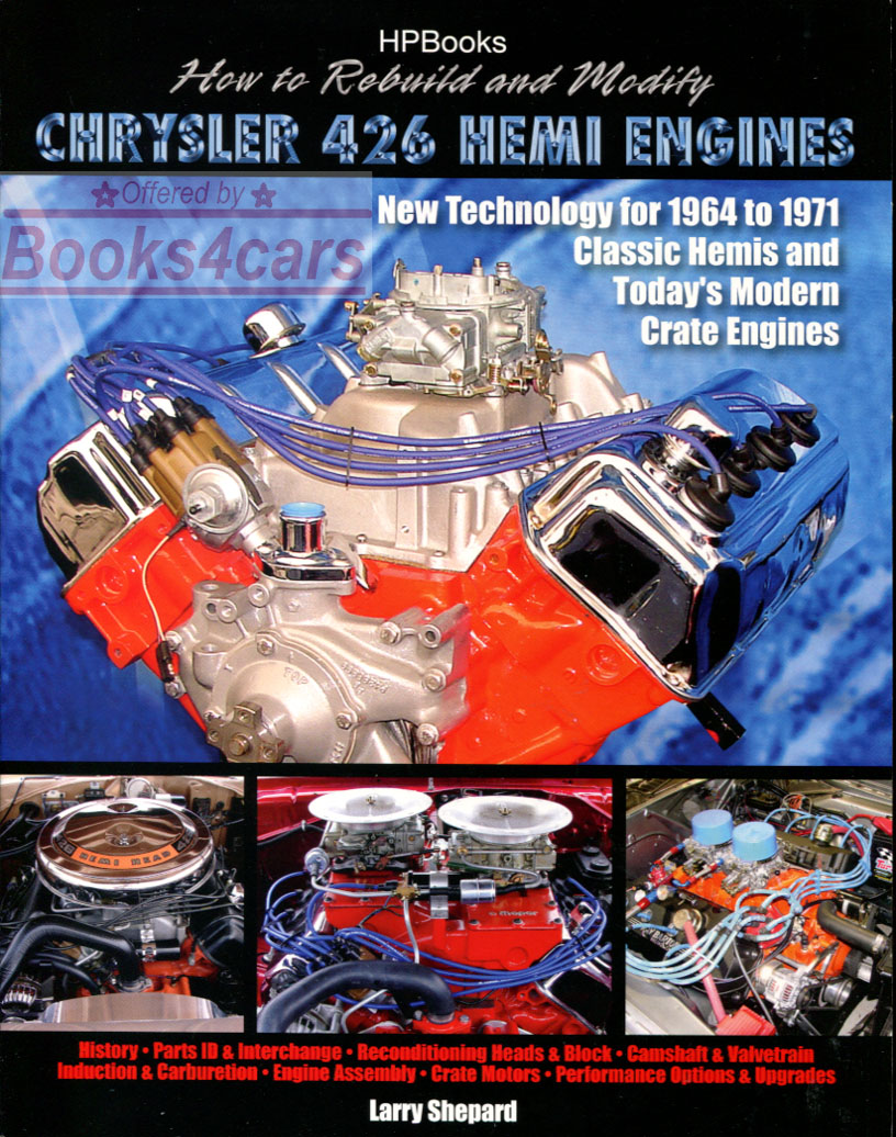 How to Rebuild and Modify Chrysler 426 Hemi Engines by Larry Shepard A step-by-step guide to rebuilding and modifying the 426 Hemi including sections on racing heritage, cylinder block, ignition and lubrication systems, and racing parts 240 pages