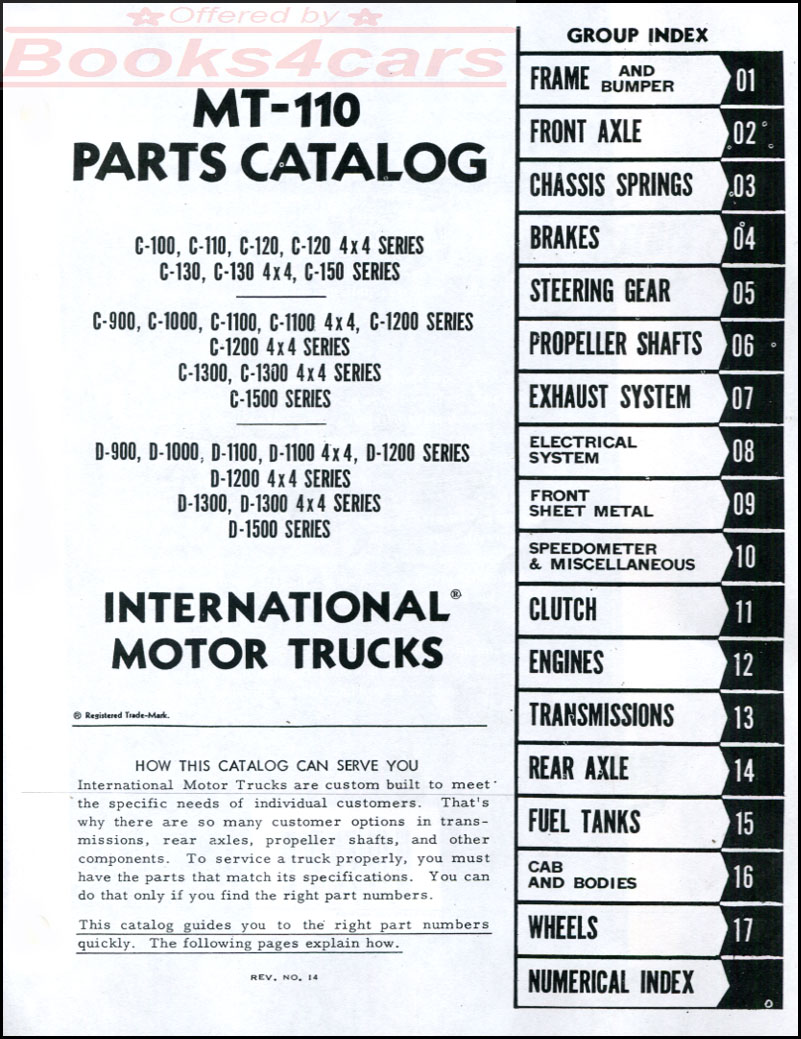 61-65 Pickups Travelall C-Line C100-150 D900-1500 MT110 Parts Catalog Manual by International Trucks 634 pages