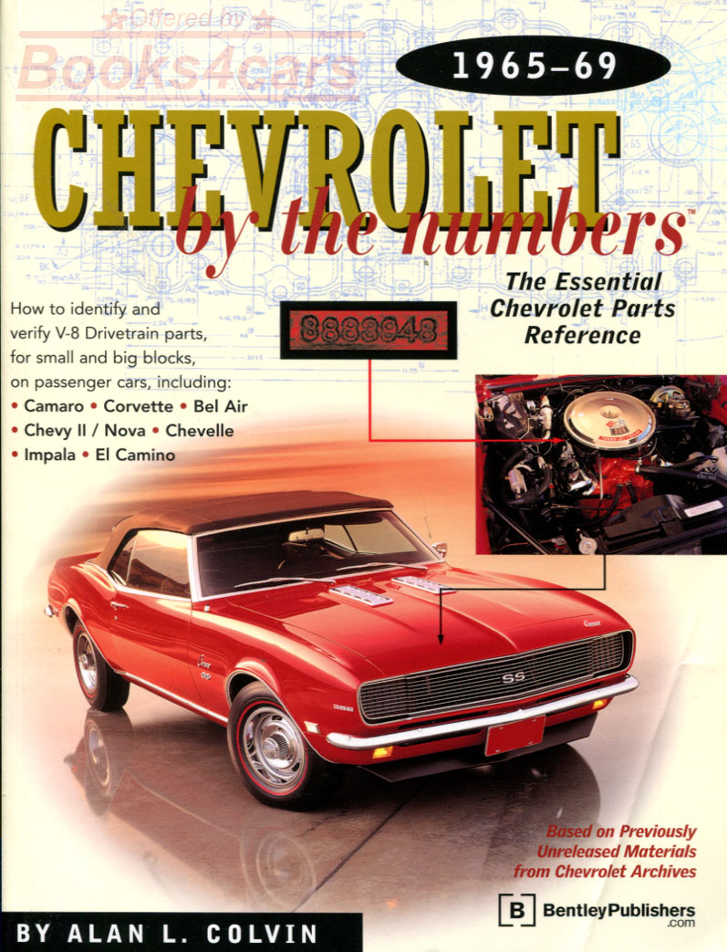 65-69 by the numbers Chevrolet parts id and interchange book good enough to have earned an official Chevy part number. Applies to all Corvette, Camaro, Chevelle, Nova, Impala, Caprice, Malibu, Corvair.....by Alan Colvin 337 pages