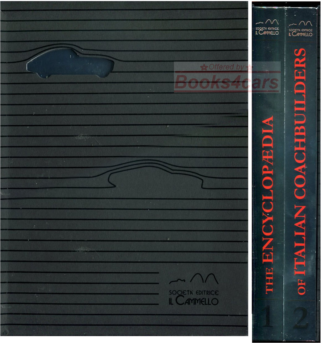 view cover of Encyclopedia of Italian Coachbuilders 2-volumes in slipcase by Sannia covering over 1,000 names including Allemano Bertone Boano Boneschi Catangna Goggiola Colli Ellena Faina Fantuzzi Mazzanti Fissore Francis Lombardi Frua Ghia Giugiaro Maggiora Marazzi Michelotti Monterosa Moretti OSI Pininfarina RivaScaglie tti Scioneri Siata Stabilimenti Farina Touring Vignale Viotti Zagato & many many more