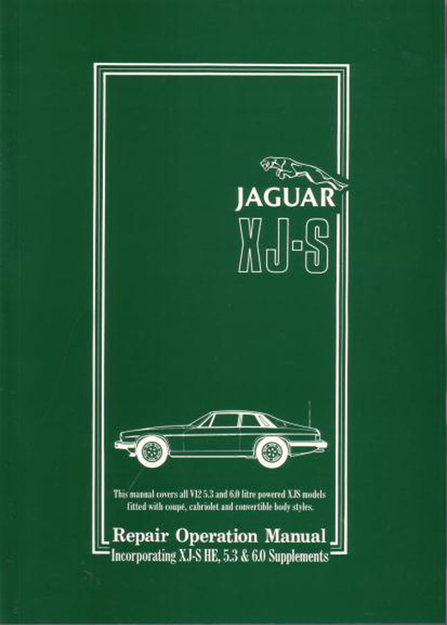 75-96 XJS Official Shop Service Repair Operation Manual by Jaguar Covers all V12 years Inc. 5.3 & 6.0 liter coupe, XJSC & convertible 606 pages