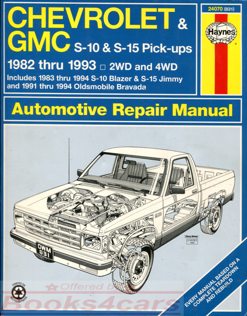 82-94 S-10 & Blazer shop service repair manual by Haynes, covers Chevrolet S10 GMC Truck S15 Sonoma pickups 82 to 93 & S10 Blazers S15 Jimmy 83 to 94 & 91 to 94 Oldsmobile Bravada