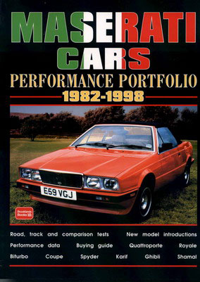 82-98 Portfolio of articles about Maserati compiled into 136 page book form by Brooklands covering BiTurbo, Ghibli, Karif, Quattroporte, Shamal, 430, 222E, Royale, Open Cup, 425, 2.24v, and more...