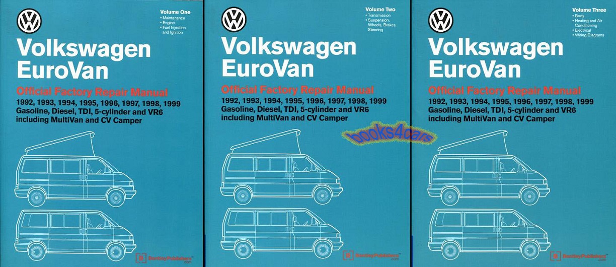 92-1999 Volkswagen Eurovan factory Shop Service Repair Manual; Gasoline Diesel TDI, 5-cylinder and VR6 including MultiVan Rialto and CV Camper 2,516 page 3-vol set. 2,361 photos and ilustration by Bentley Publishers