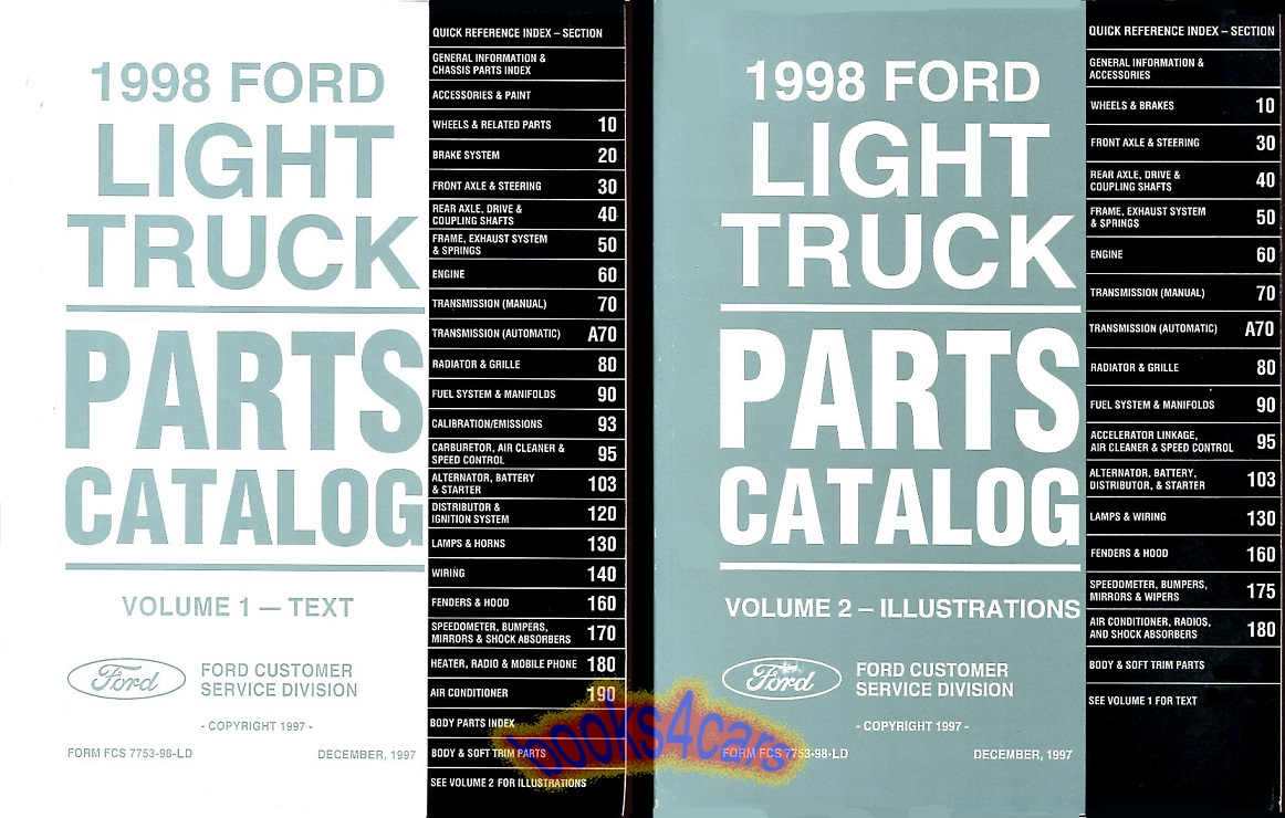 98 Parts & illustrations manual by Ford for all light duty 1/2 to 1 ton 1998 Ford Trucks F150 F250 F350 this has parts back to about 1991 2 volume set