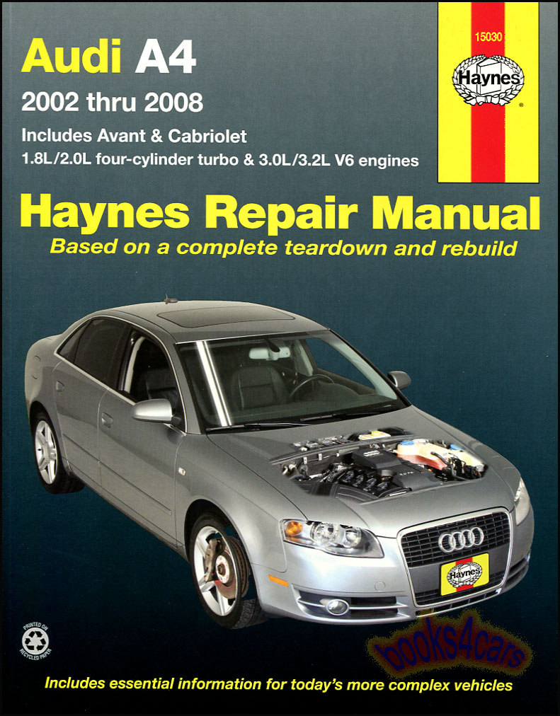 02-08 Audi A4 Shop Service Repair Manual 1.8 2.0 4cyl 3.0 3.2 V6 by Haynes 352 pages over 500 photos & illustration