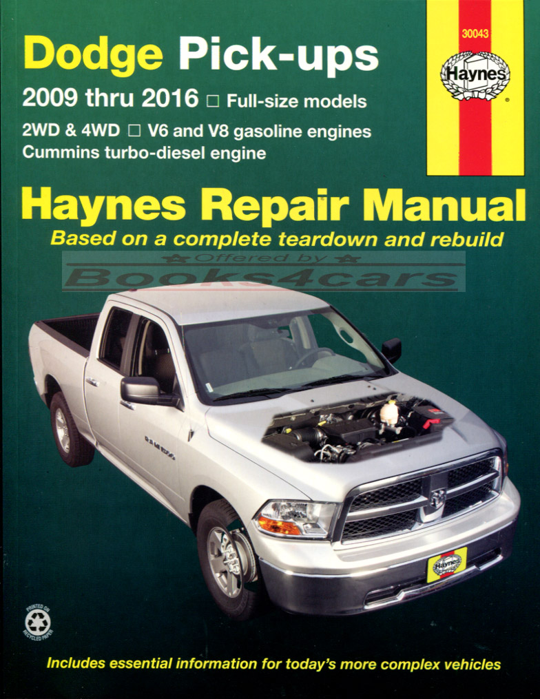 2009-2018 Dodge Ram Pickup Truck Haynes Shop Service Repair Manual for all Gas V8 & Cummins Turbo Diesel 2 & 4WD does not include SRT10, or 3.0 V6 Diesel. Includes wiring diagrams