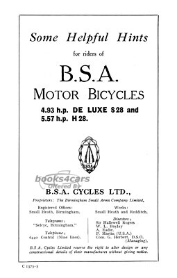 view cover of 1928 Instruction Book Owners Manual 4.93 hp OHV by BSA 56 pages