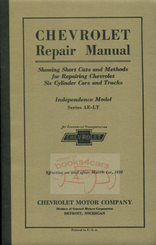 view cover of 1931 Shop service repair manual for car and truck; 270 pages for Independence Series AE LT by Chevrolet