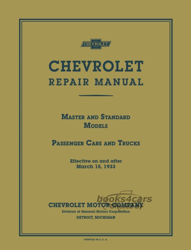 view cover of 1933 Shop service repair manual for cars and trucks; 292 pgs. Master & Standard Models: 5-3/8' x 8-3/8' by Chevrolet