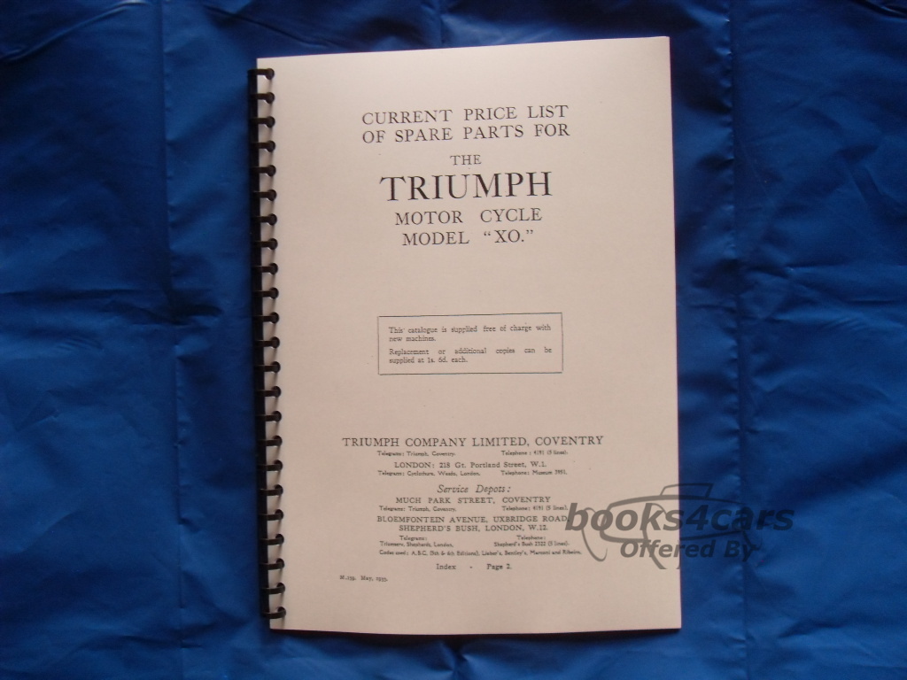 view cover of 1933 Parts Manual XO by Triumph. 1933 32 pages.