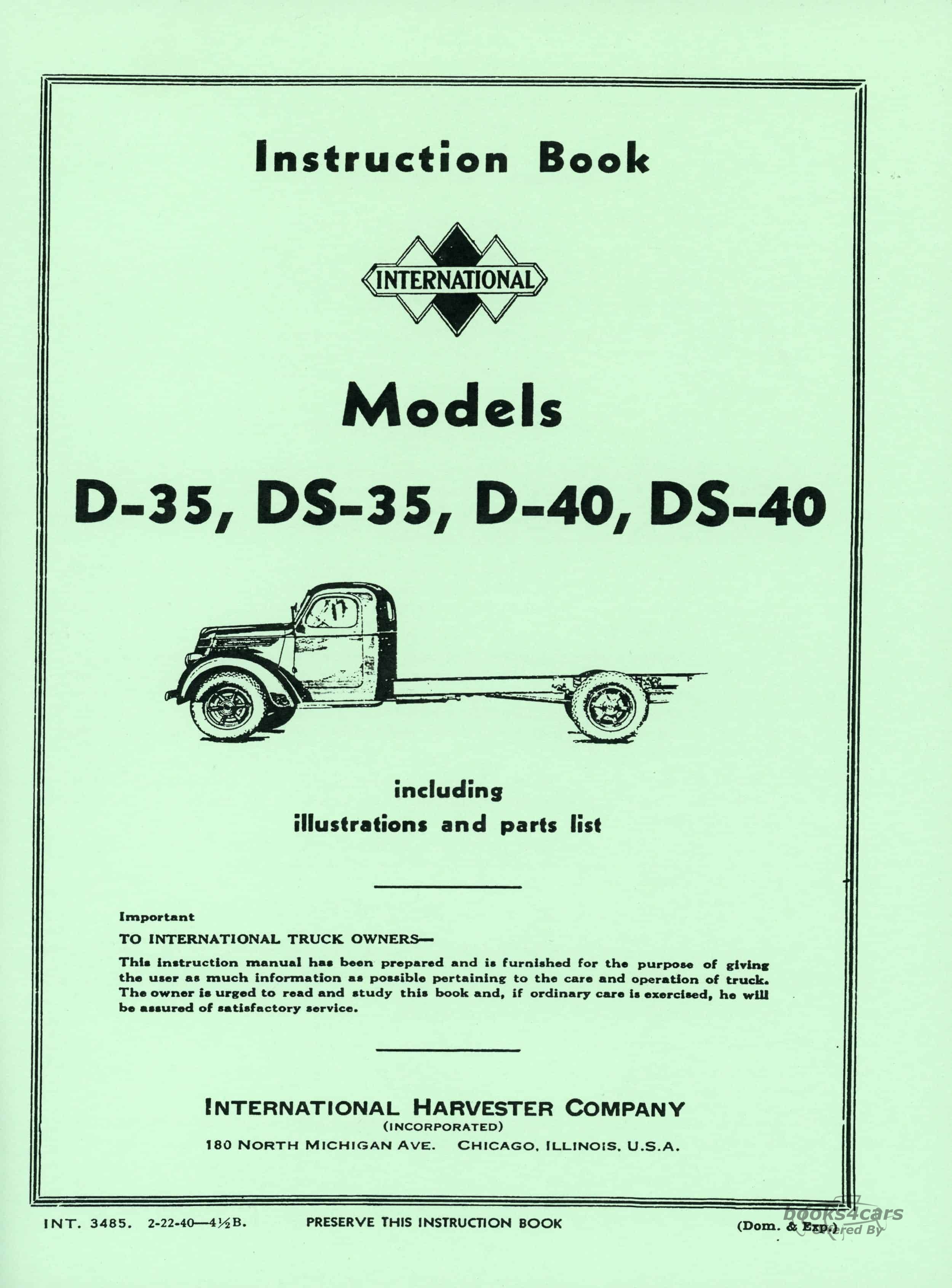 view cover of 1937-1940 D35, DS35, D40 DS40 Owners manual by International Truck for D-35, DS-35, D-40 and DS-40