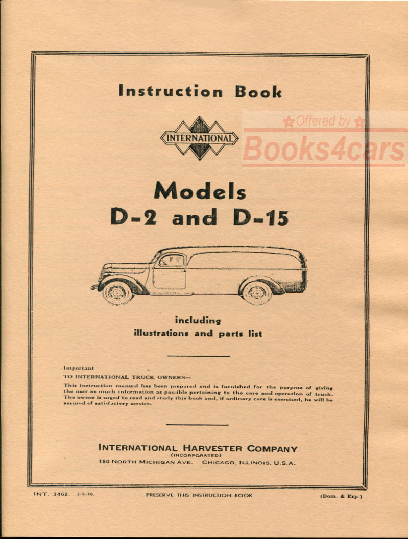 view cover of 1937-1940 Model D-2 D-15 Owners manual by International Truck D2 D15