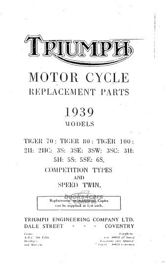 view cover of 1939 Parts Manual by Triumph for All Motorcycle models 1939