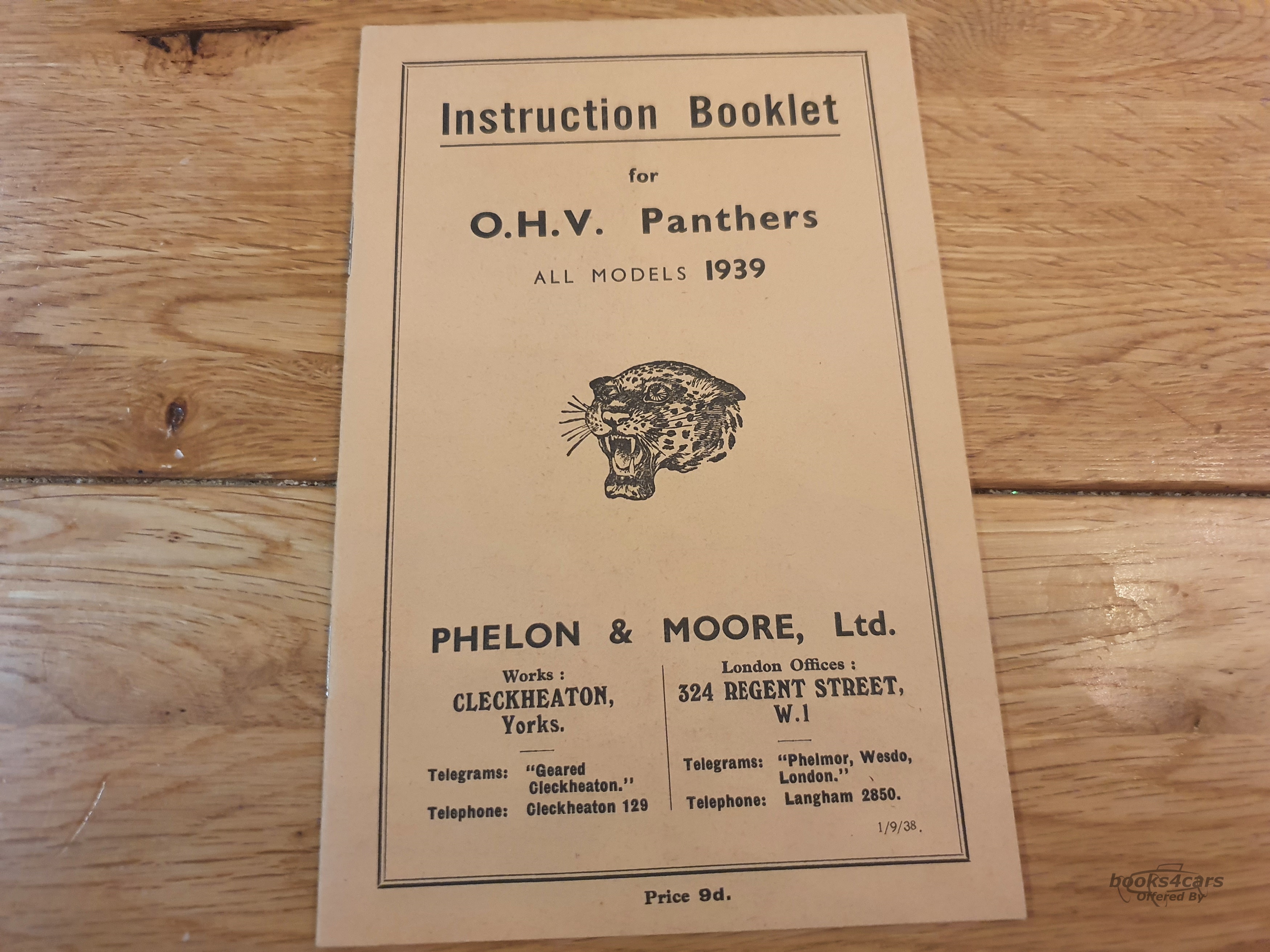 view cover of 1939 Instruction Manual by Panther for All models - ohv 1939. 16 pages.