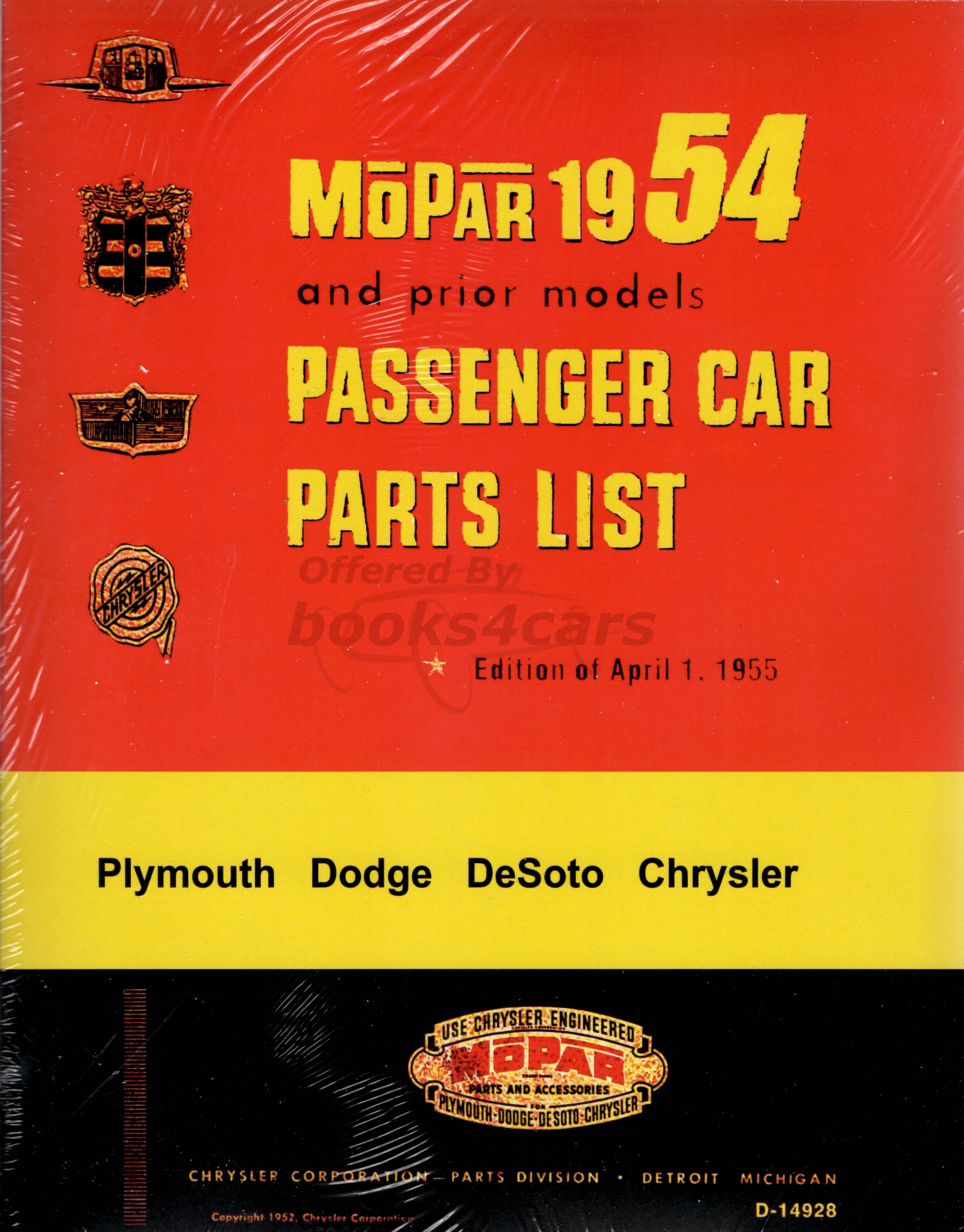 view cover of 1946-1954 Parts Manual by Chrysler for all Chrysler Plymouth Dodge & DeSoto Cars