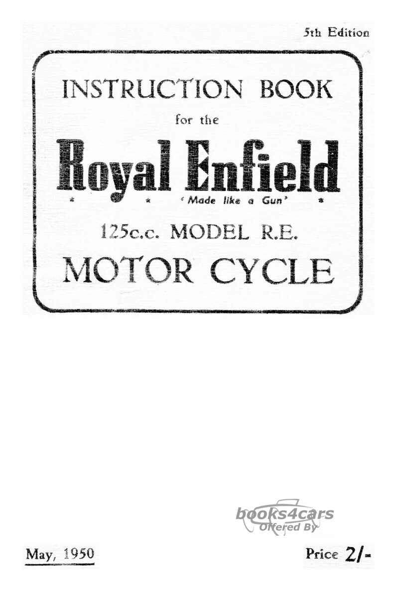 view cover of 1950 Instruction Manual by Royal Enfield for - 125 cc R.E. - 1950. 22 pages.