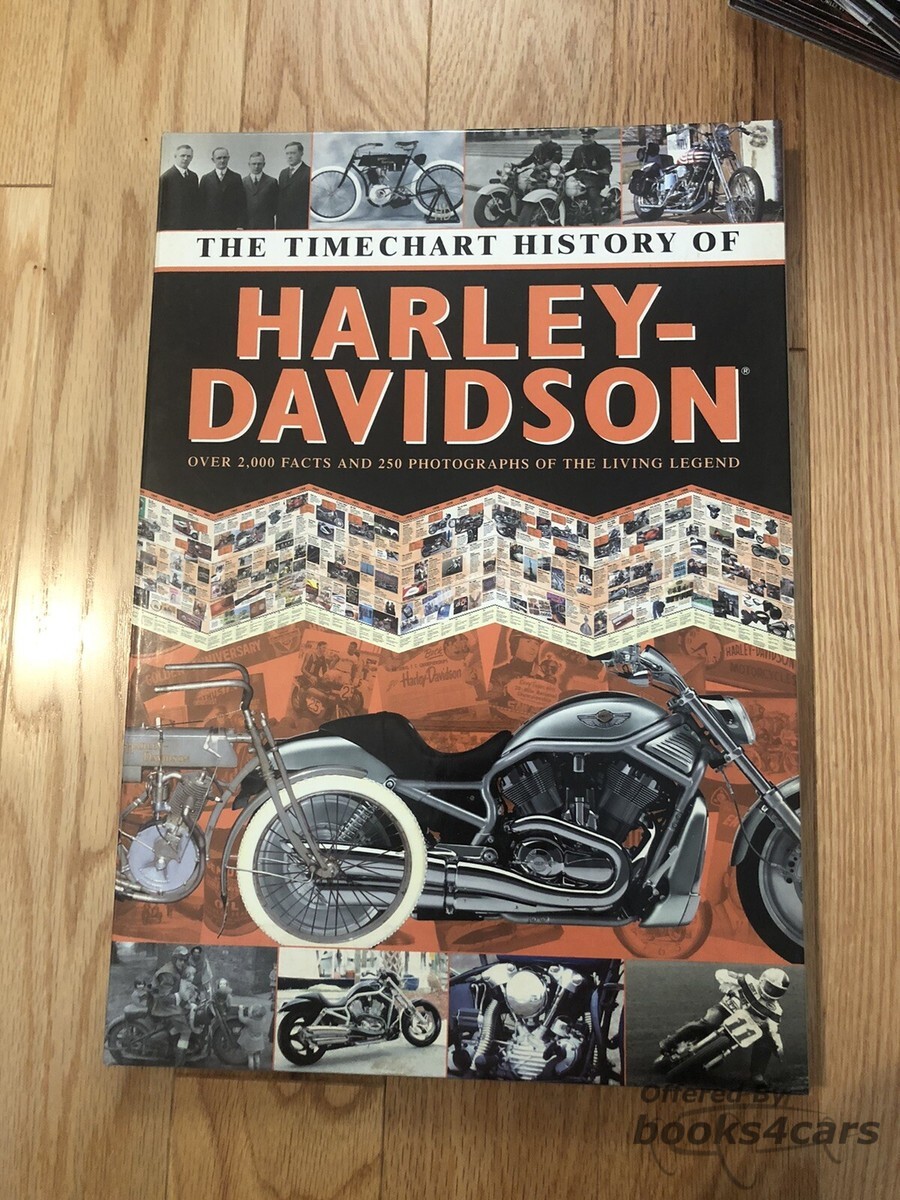 view cover of Timechart History of Harley Davidson over 2000 Facts & 250 Photos of the Living Legend by J Carroll Interesting Hardcover Large format book with fold-out timeline of company's 100 year history in text & images