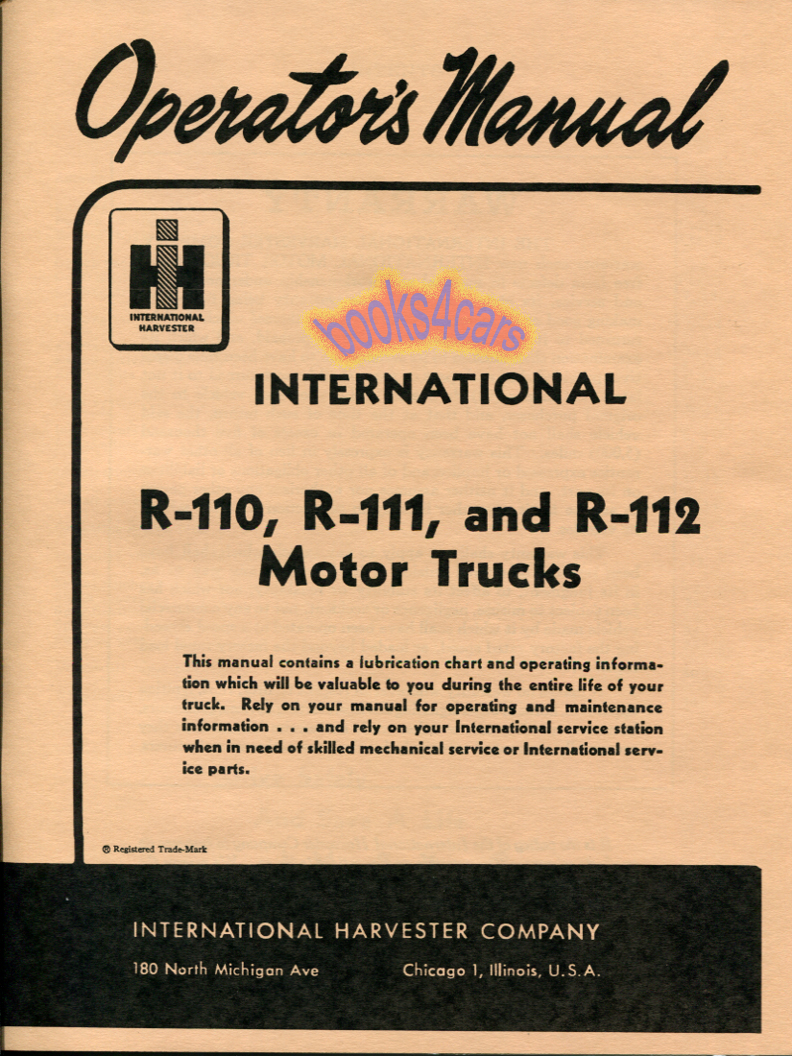 view cover of 1953-1955 Model R-110 to R-112 Owners manual by International
