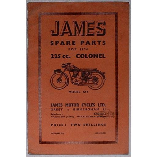 view cover of 1954 Parts Manual by James for Colonel 225 cc K12 1954 K 12. 24 pages.