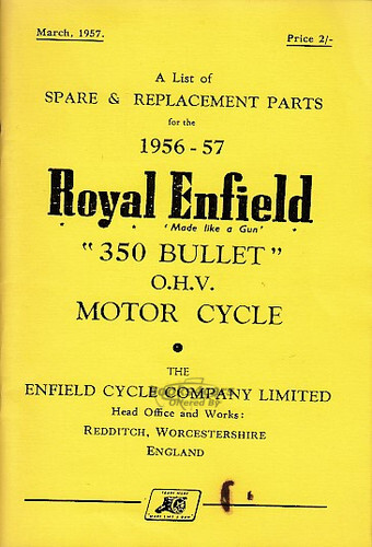 view cover of 1956 Parts Manual by Royal Enfield - 500 Bullet, ohv 1956