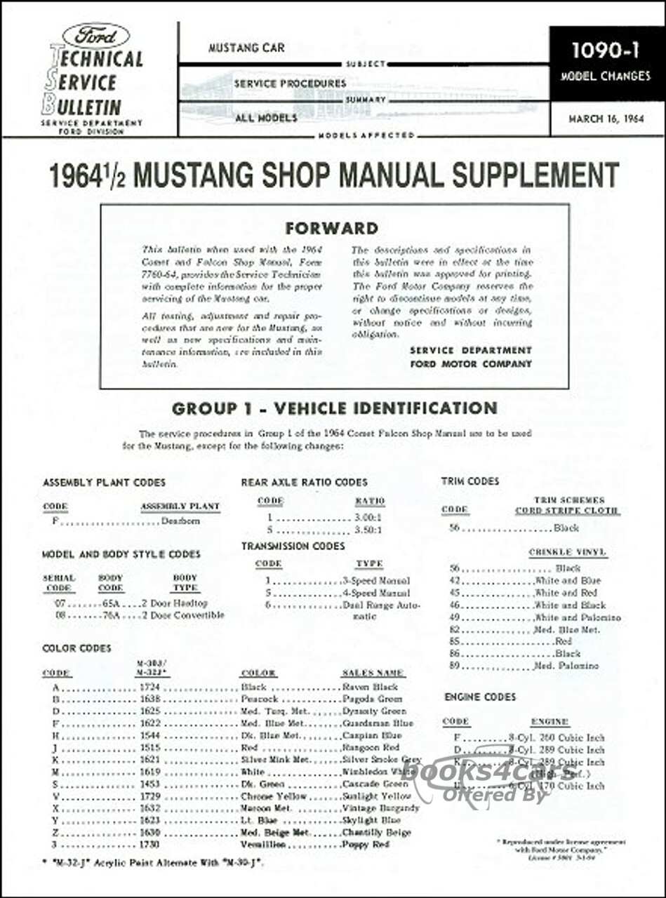view cover of 64-1/2 Mustang Shop Service Repair Manual supplement by Ford to supplement the 1964 Falcon Shop Manual