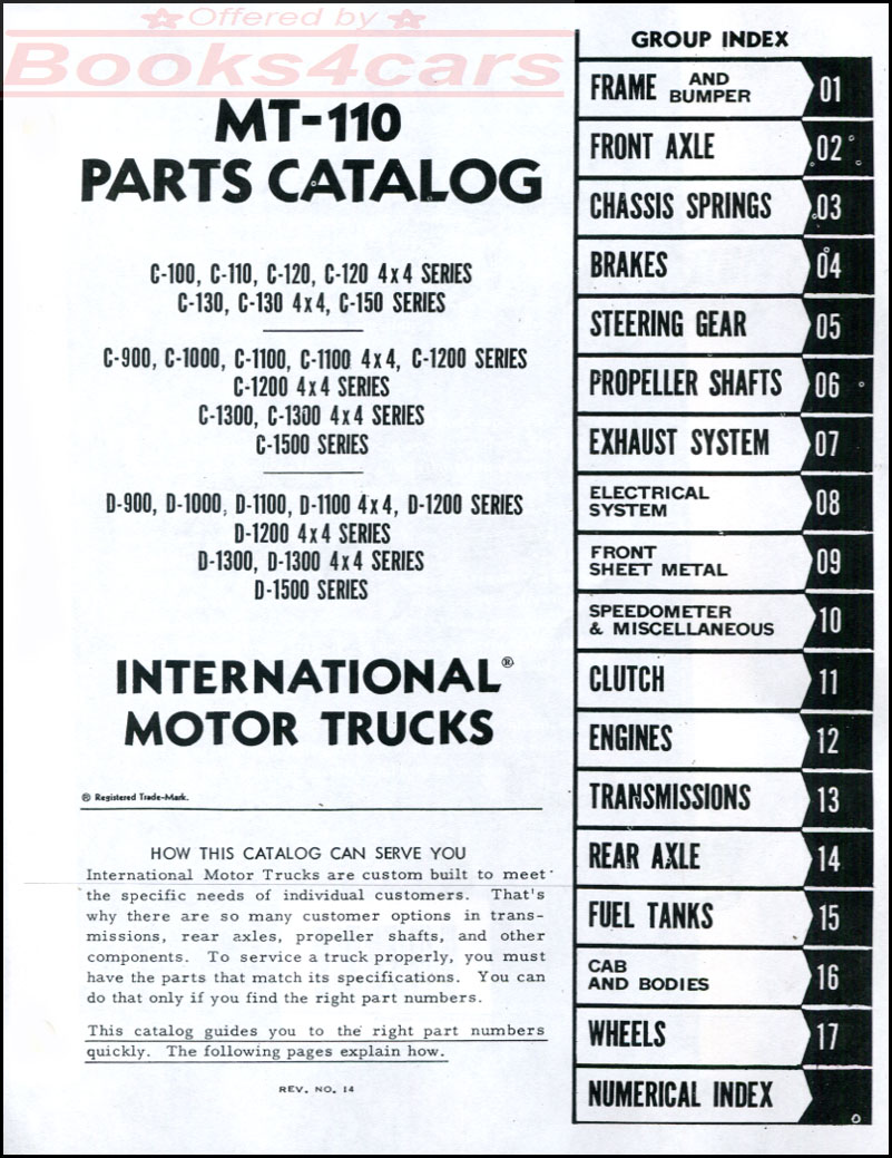 view cover of 1961-1965 Pickups Travelall C-Line C100-150 D900-1500 MT110 Parts Catalog Manual by International Trucks 634 pages