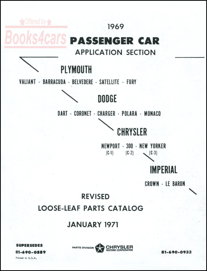 view cover of 1969 Parts & Illustrations Manual by Chrysler, Dodge, and Plymouth: 1,421 pages