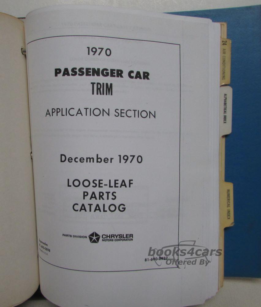 view cover of 1970 Chrysler Dodge Plymouth Passenger Car Trim Loose Leaf Parts Catalog Manual