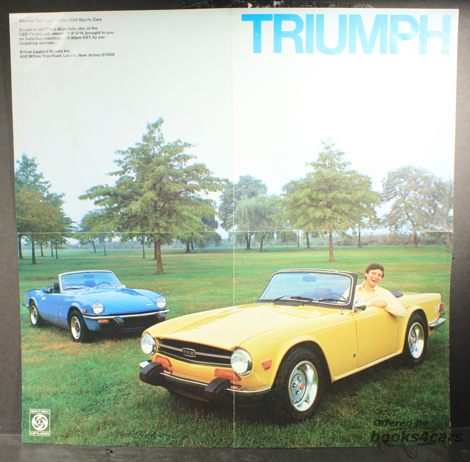 view cover of 1973 Sportscar Sales Brochure by Triumph for Spitfire 1500 and TR6 2-sided color poster with MASH star Alan Alda