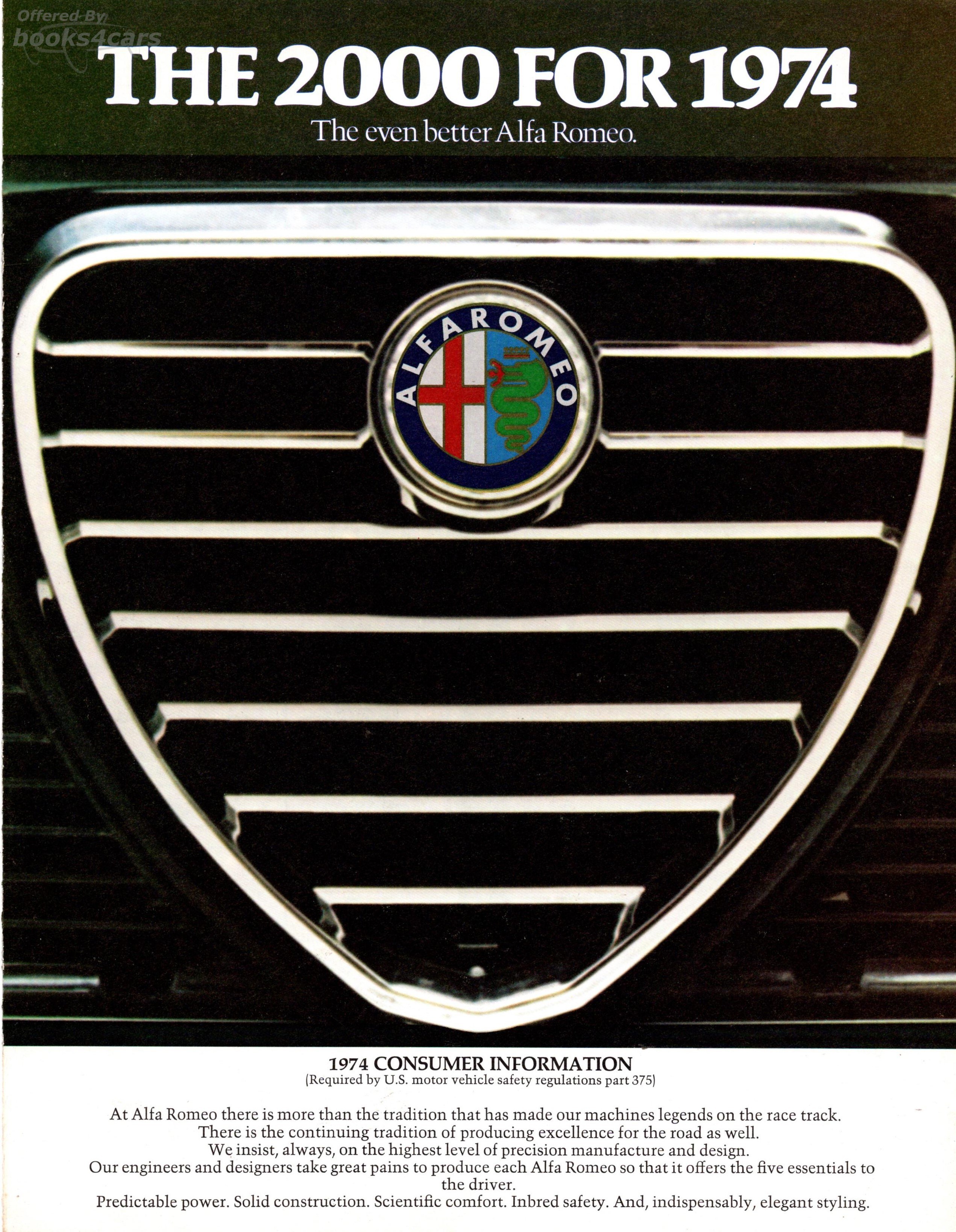 view cover of 1974 Alfa Romeo 2000 Consumer Info Sales Brochure for the 2000 Berlina 4-Dr. Sedan 2000 GT Veloce 2-Dr Coupe and Spider Veloce 2-Dr Convertible