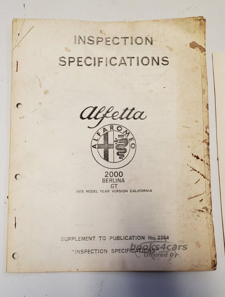 view cover of 1976 2000 Inspection Specifications, California model by Alfa Romeo