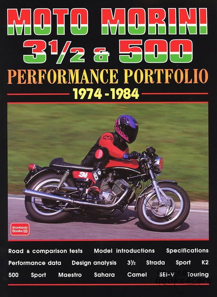 view cover of 1974-1984 3 1/2 & 500 Performance Portfolio compilation of articles in 140 page book form about Moto Morini including 3 1/2, Strada, Sport, K2, 500, Sport Maestro, Sahara, Camel, SEI-V, and Touring