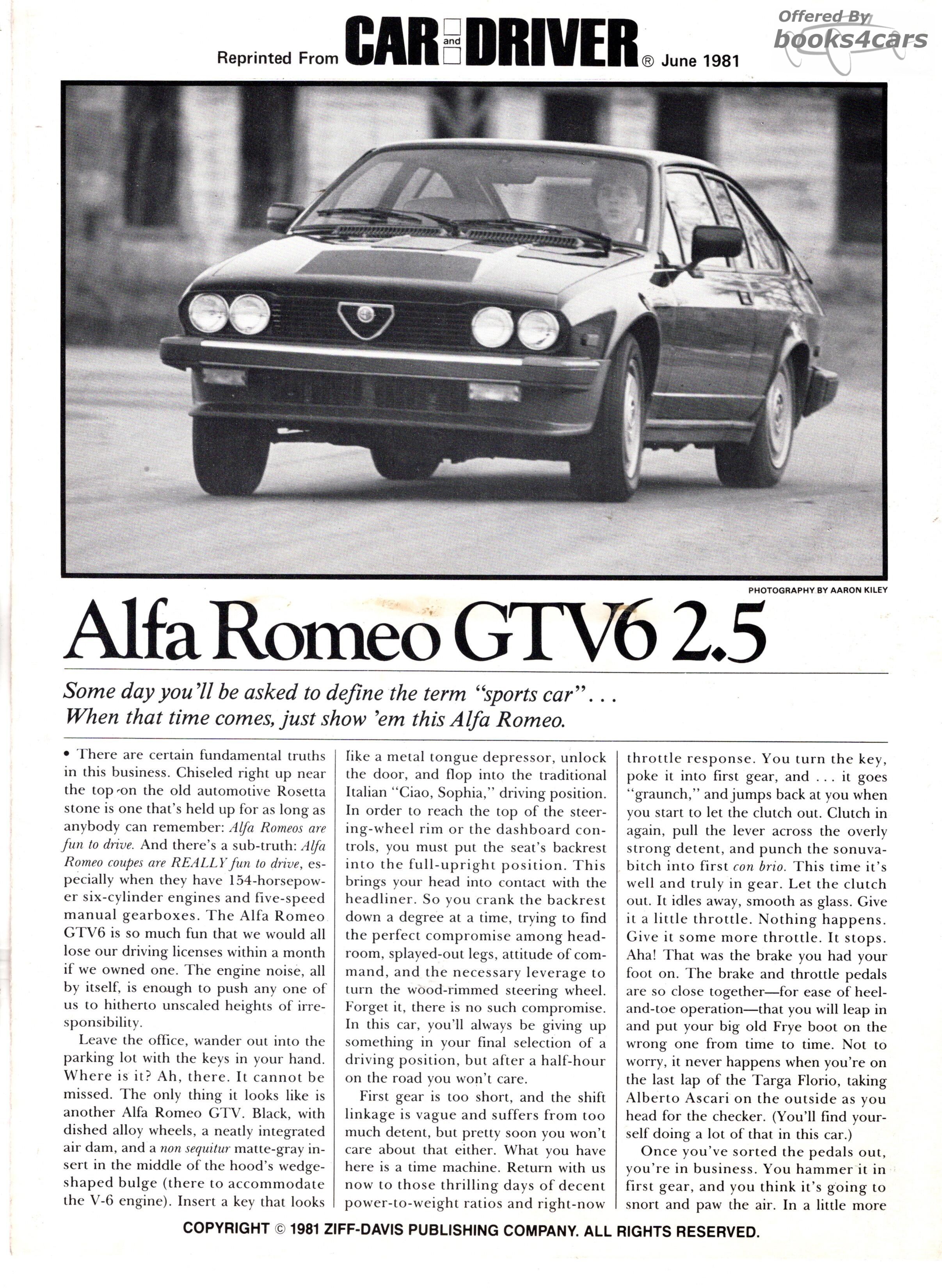 view cover of Sales Brochure Reprint of a 1981 Road and Track Road Test article for the Alfa Romeo  GTV6 2.5 Coupe