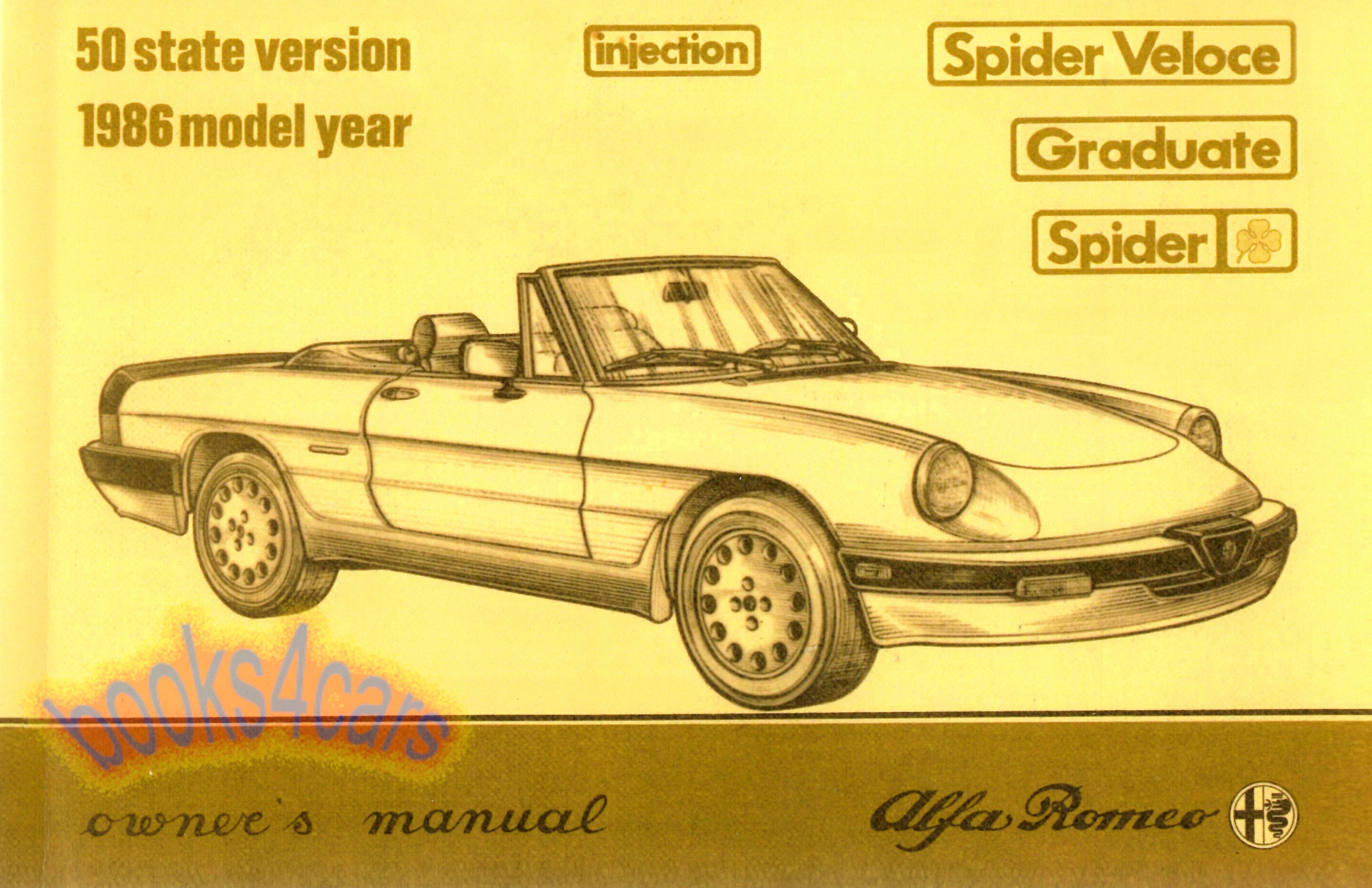 view cover of 1986 Spider Owners manual by Alfa Romeo includes Graduate & Quadrofoglio