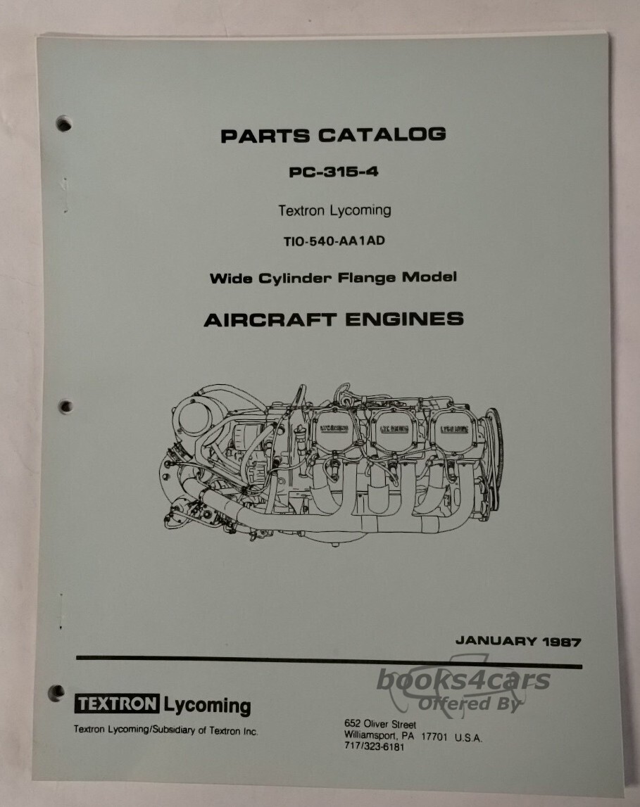 view cover of 1987 PC-315-4 AVCO Lycoming Aircraft Engine Parts Catalog Manual (wide cylinder flange model)