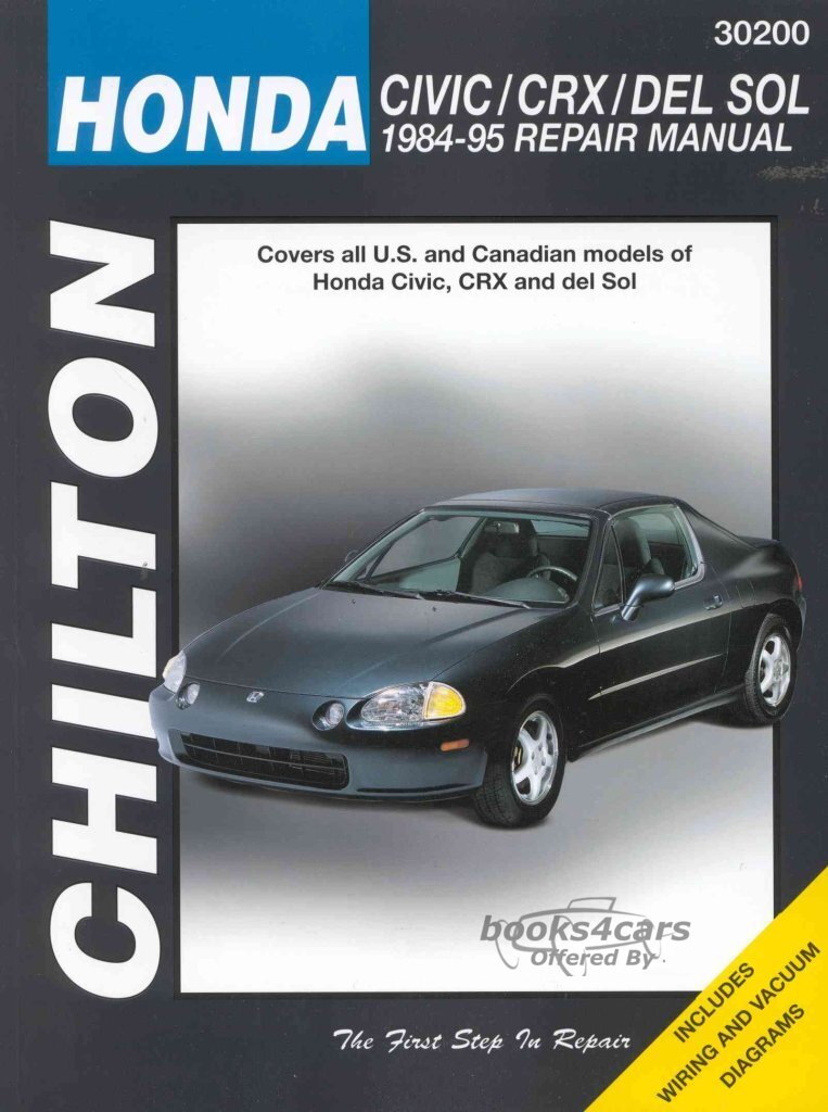 view cover of 1984-1995 Civic shop service repair Manual for Honda by Chiltons. Covers all Civic models including CRX, del SOL, Sedan, Wagon, Hatchback & Coupe