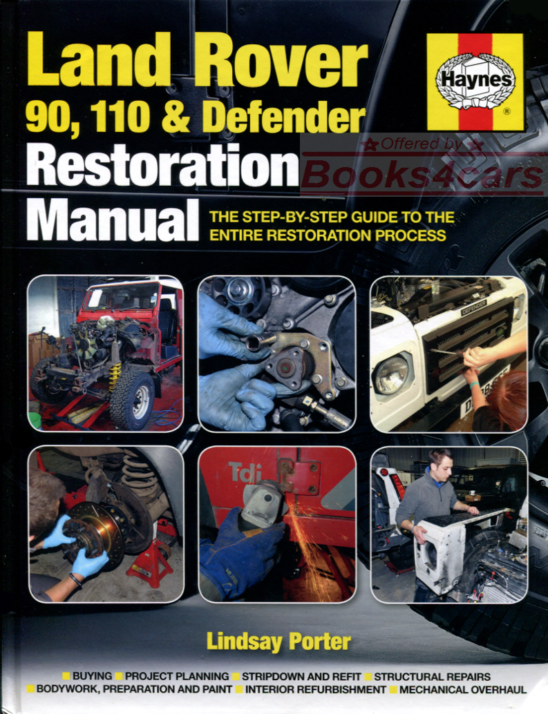 view cover of 1983-1999 Restoration Manual Land Rover 90 110 & Defender 256 hardbound pgs by Lindsay Porter detailed info mechanical & body repairs many photos