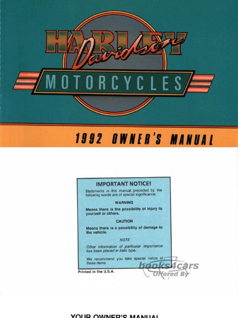 view cover of 1992 Motorcycles Owners Manual all models FLTC FLHTC FLHS FXRT FLSTC FXSTS FXLR FXRS FXR FXD 184 pages by Harley Davidson