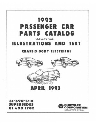 view cover of 1993 Chrysler Parts Manual for Chrysler Plymouth & Dodge passenger vehicles including LeBaron Sbring Coupe Convertible Caravan Voyager Town & Country Minivan Spirit Acclaim and other models