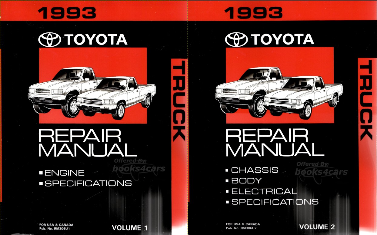view cover of 1993 pickup truck shop service repair manual by Toyota 2 VOLUME SET including volume 1 covering maintenance engine specs and volume 2 covering chassis body electrical specs
