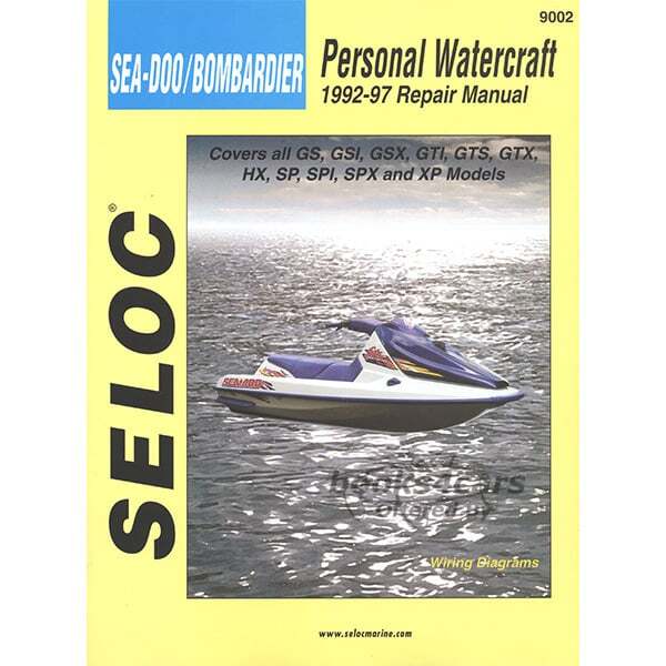 view cover of 1992-1997 Sea Doo Bombardier personal watercraft Shop Service Repair Manual by Seloc covers all GS GSI GSX GTI GTS GTX HX SP SPI SPX and XP models maintenance and repair manuals