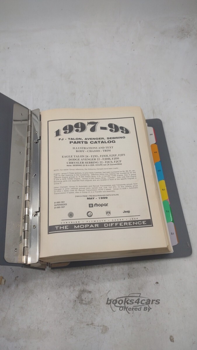 view cover of 1997-1998 Sebring Avenger and Talon Parts & illustrations Manual by Chrysler Dodge Eagle