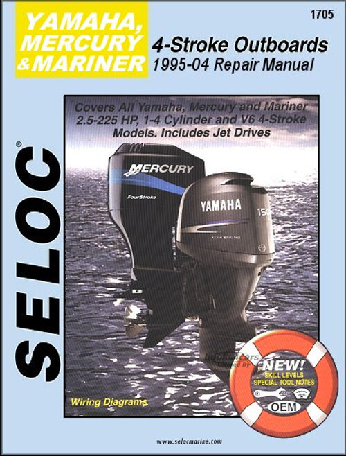 view cover of 1995-2004 Yamaha Mercury Mariner outboard 4 stroke 2.5-225 HP 1-4 cylinder V4 V6 includes Jet Drives shop service repair manual by Seloc marine
