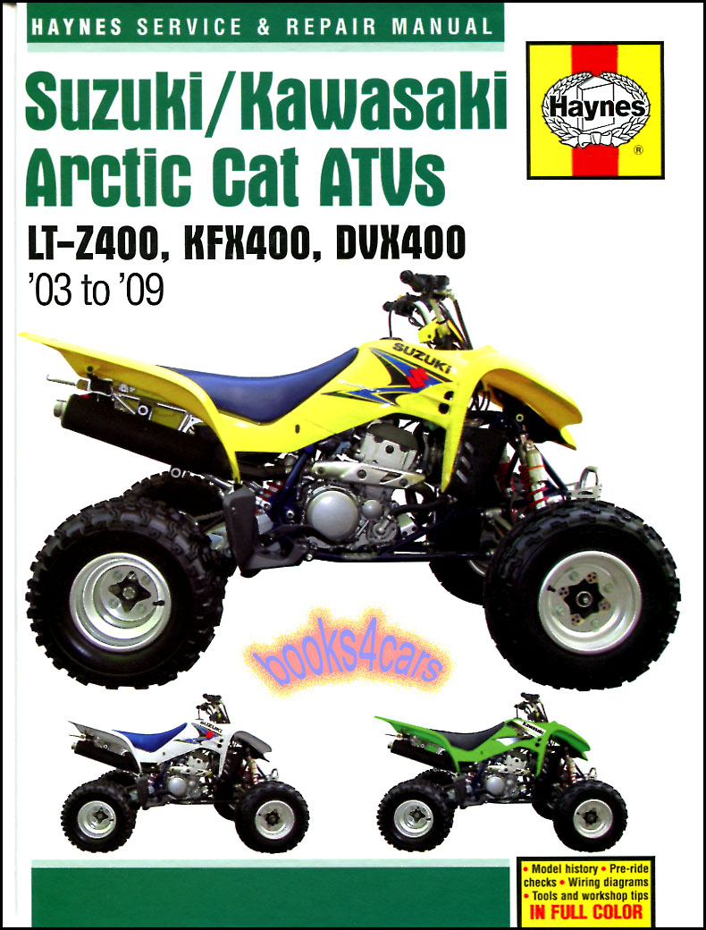view cover of 2003-2009 Suzuki LT-Z400 Kawasaki KFX400 & Arctic Cat DVX400 ATVs Shop Service Repair Manual by Haynes with step by step repair procedures for the engine electrical brakes and more
